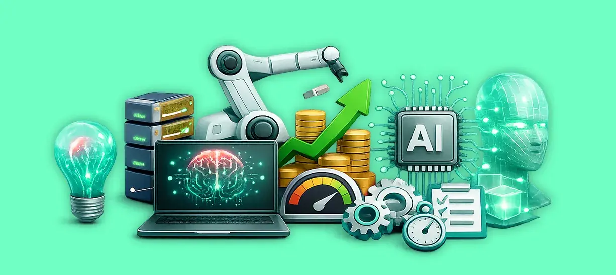Robotic arm, AI chip, laptop with neural brain and rising coin stacks showing why businesses invest in AI development